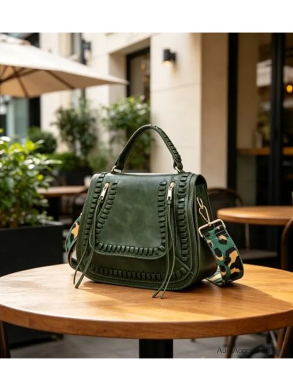 Faux Leather Vintage Crossbody Bag with Leopard Strap